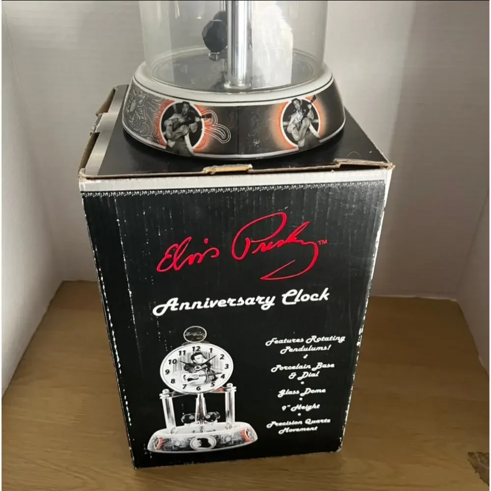 ELVIS PRESLEY Silver Anniversary Clock Porcelain Base Rotate Glass Dome